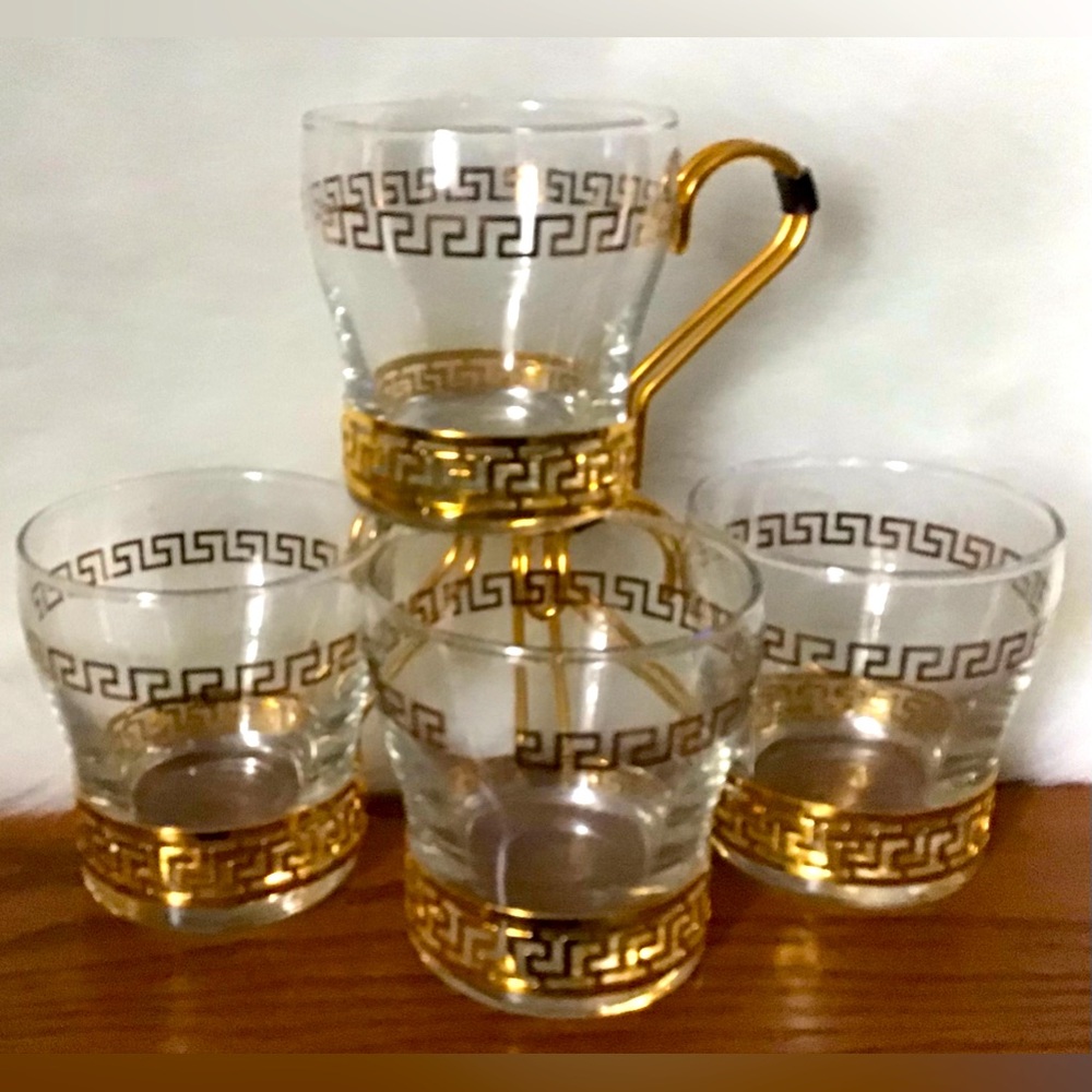 🎊VTG 🎉Set (4) Libbey Gold Greek Key Continental Glass Coffee Cups Mugs
